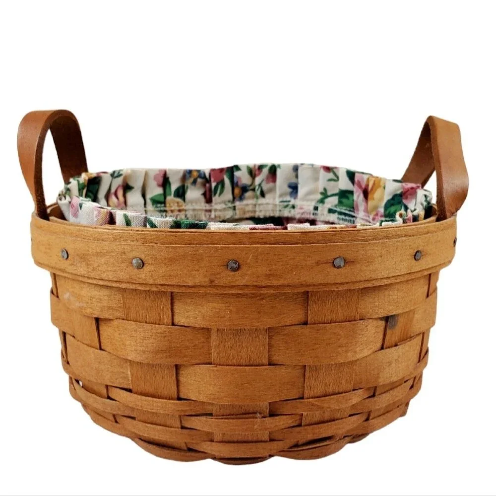 LONGABERGER Medium Handwoven Basket w/ Floral Fabric Liner | 1993 | USA Made